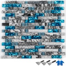 Backsplash Tile for Kitchen & Bathroom Teal Blue Glass & Gray Marble 6PCS