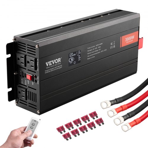 

VEVOR Pure Sine Wave Inverter, 3000 Watt, DC 12V to AC 120V Power Inverter with 2 AC Outlets 2 USB Port 1 Type-C Port, LCD Display and Remote Controller for Large Home Appliances, CE FCC Certified