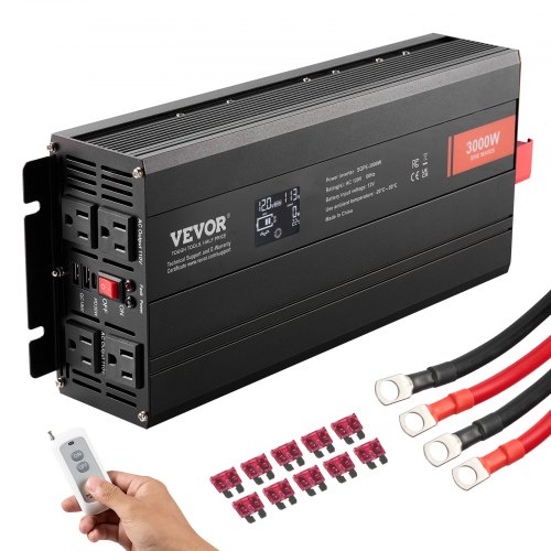 

VEVOR Pure Sine Wave Inverter, 3000 Watt, DC 12V to AC 120V Power Inverter with 2 AC Outlets 2 USB Port 1 Type-C Port, LCD Display and Remote Controller for Large Home Appliances, CE FCC Certified