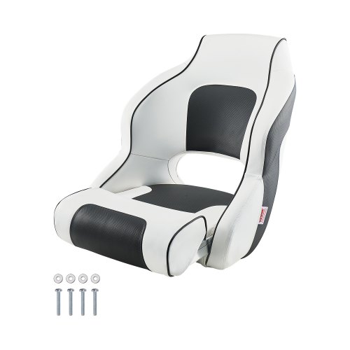 Vevor Boat Seat, High Backrest, Flip Up Boat Seat Captain Bucket Seat with Thickened Sponge Cushion & Waterproof PVC Leather, Ergonomic Design, Folding Boat Seat for Boats, Yachts, Ships, White & Grey
