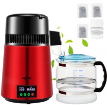 VEVOR 1.1Gal Water Distiller, 0.3Gal/H, 750W Distilled Water Maker Machine 0-99H Timing Setting Temp Display, 304 Stainless Steel Countertop Distiller Glass Carafe Cleaning Powder 3 Carbon Packs, Red
