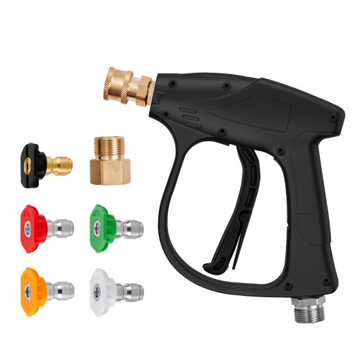 

VEVOR Short Pressure Washer Gun, 4350 PSI High Power Washer Spay Gun, M22-14 Inlet & 1/4'' Outlet Hose Connector Foam Gun, Stainless Steel Pressure Washer Handle with 5 Color Quick Connect Nozzles