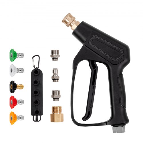 

VEVOR Short Pressure Washer Gun, 4000 PSI High Power Washer Spay Gun, M22-14 mm / M22-15 / 3/8'' Inlet & 1/4'' Outlet Hose Connector Foam Gun, Pressure Washer Handle with 5 Color Quick Connect Nozzles