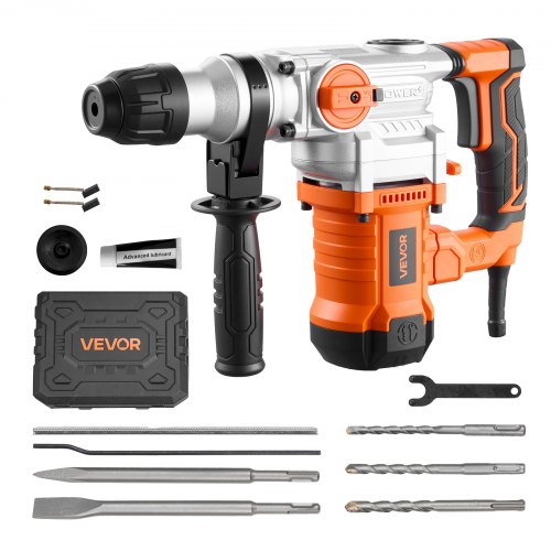 

VEVOR Rotary Hammer Drill, 1-1/8 in SDS-Plus Electric Corded Heavy Duty Rotary Hammer, Including 3 Drill Bits, Flat Chisel, Pointed Chisel, Grease, Brush, and Carrying Case, for Concrete and Masonry