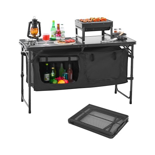 VEVOR Camping Kitchen Table, Folding Outdoor Cooking Table, 3 Adjustable Heights, Aluminum Lightweight Portable Cook Station with Storage Organizer, C