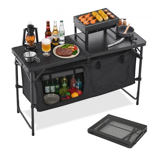 Vevor Camping Kitchen Table, Folding Outdoor Cooking Table, 3 Adjustable Heights, Aluminum Lightweight Portable Cook Station With Storage Organizer, C-image