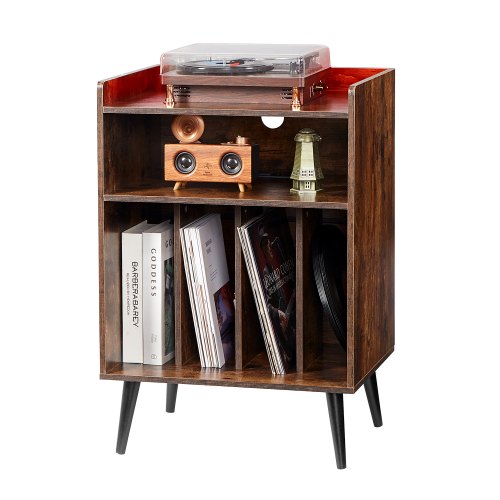 

3-Tier Record Player with LED Light & USB Ports Wooden Vinyl Shelf Brown