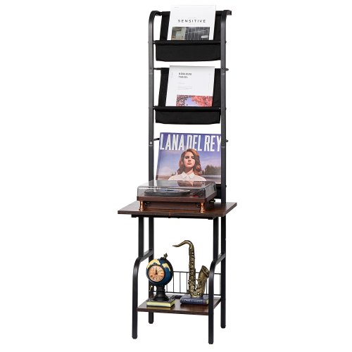 

5 Tiers Record Player with LED Light & USB Ports Metal Vinyl Shelf Black