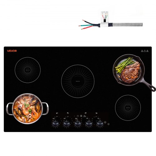 VEVOR Induction Cooktop 36inch 5 Burners Built-in Electric Stove 220V 9200W, Low-Power Continuous Heating, Induction Burner for Kitchen, with 11 Power Levels, Knob Control, and Child Lock