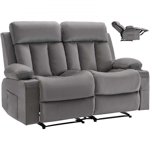 VEVOR Loveseat Recliner Sofa, Power Reclining Couch with Heating and Massage, Soft Velvet Electric Recliner Sofa with USB Ports, Cup Holders and Side Bags, Dual Loveseat Chair for Living Room, Grey