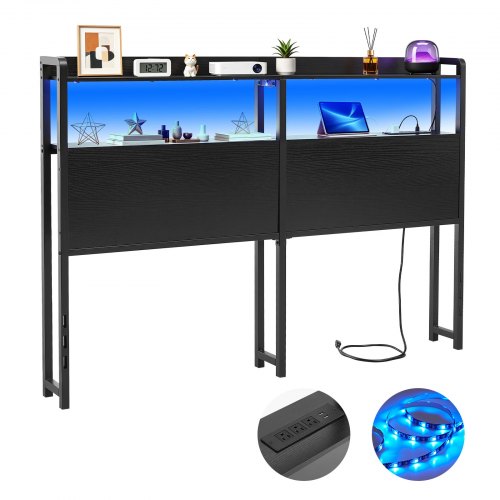 VEVOR Headboard for Queen Size Bed, with 2 Storage Shelves, LED Light, 3 Outlets, and 3 USB Ports, Sturdy and Stable Carbon Steel Frame Head Board wit
