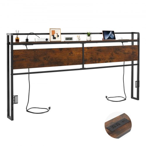 VEVOR Headboard for King Size Bed, with Storage Shelf, 2 Outlets, 1 USB and 1 Type-C Port, Sturdy and Stable Carbon Steel Frame Head Board with Chargi