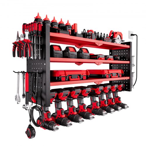 

VEVOR Power Tool Organizer with Charging Station, 4-Layer Drill Storage Rack with 8 Drill Holders & Side Pegboard, Garage Tool Organizer Built in 8 Outlet Power Strips for Garage, Workbench, Workshop