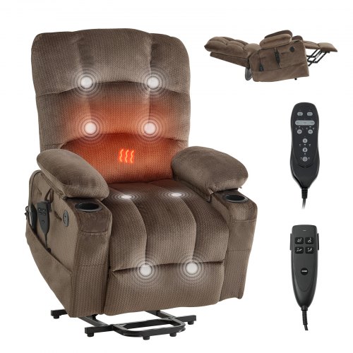 

VEVOR Power Lift Recliner Chair, Dual Motor, Large Electric Lift Chair with Heat and Massage for Elderly, Infinite Position Adjustment, Velvet Fabric, with Side and Front Pockets, Cup Holders, Brown
