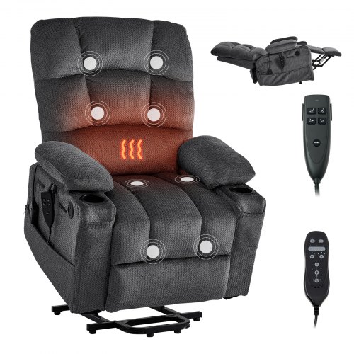 

VEVOR Power Lift Recliner Chair, Dual Motor, Large Electric Lift Chair with Heat and Massage for Elderly, Infinite Position Adjustment, Velvet Fabric, with Storage Pockets, Cup Holders, Dark Gray