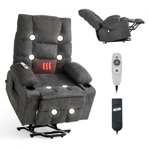 

VEVOR Power Lift Recliner Chair, Large Electric Lift Chair with Heat and Massage for Elderly, Infinite Position Adjustment, Chenille Fabric, with Side Pockets, Cup Holders and USB Port, Dark Gray
