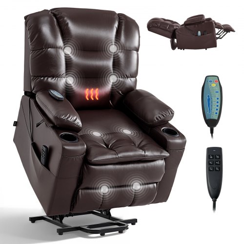 

VEVOR Power Lift Recliner Chair, Triple-Motor, Large Electric Lift Chair with Heat and Massage for Elderly, Infinite Position Adjustment, Leather Surface, with Storage Pockets and Cup Holders, Brown