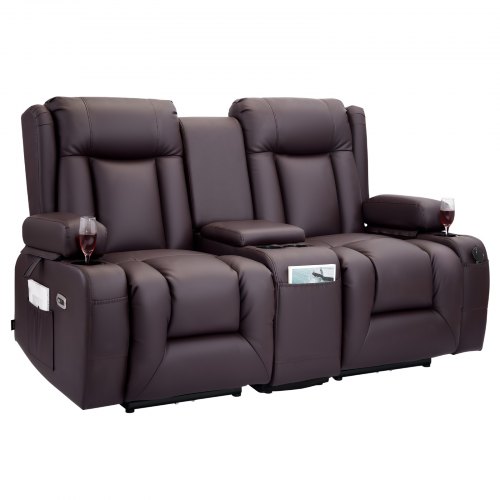 VEVOR Loveseat Recliner Sofa, Power Reclining Couch with Heating & Massage and Timer, PU Leather Electric Recliner Sofa with Center Console, USB Ports, Cup Holders and Side Bags for Living Room