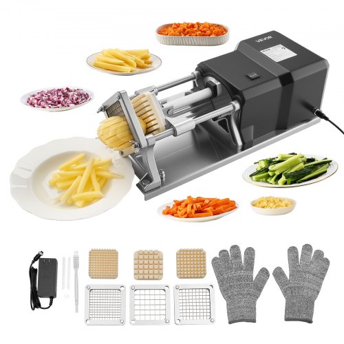 VEVOR Commercial French Fry Cutter, Stainless Steel Vegetable Fruit Chopper with 3 Replacement Blades 1/2-Inch 3/8-Inch 1/4-Inch, Electric Potato Slicer Dicer for Restaurants & Home Kitchen DDQTJ40W3J12F37KF001V1