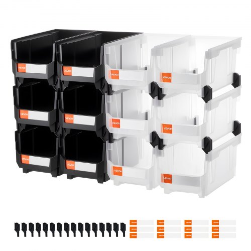 

VEVOR Plastic Stackable Storage Bins, 14.8 x 8.5 x 7.1 inch (12 Pack), Plastic Containers for Organizing & Storage Bins for Garage, Small Parts, Office Supplies, Other Accessories, Black & Transparent