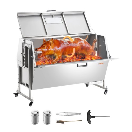 

VEVOR 60W Rotisserie Grill with Hooded Cover, 56 Inch Pig Lamb Goat Rotisserie Grill Roaster, 286Lbs Capacity, Stainless Steel Charcoal Spit Roaster with Lockable Wheels, for Camping Outdoor Barbecue