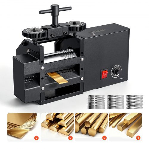VEVOR Rolling Mill 4-in-1 Flat Square Round Half-Round Electric Roller Mill, Jewelry DIY Tool, 0.03-7 mm Adjustable Thickness, Stable & Even Rolling, for Pressing Ductile Metals, Gold, Silver, Copper