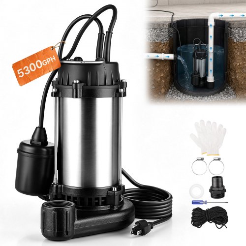 VEVOR Submersible Sump Pump 1 HP 5300 GPH Max Stainless Steel Sewage Pump, for Basement Septic Tank Residential Effluent, with Automatic Tethered Float Switch, 1.5-Inch NPT Discharge, 36 ft Max Lift