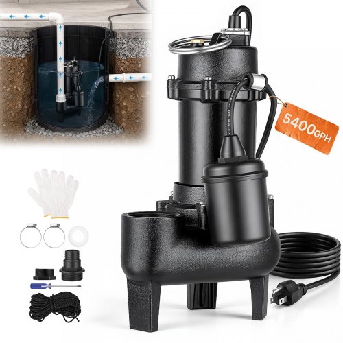 VEVOR Submersible Sump Pump 1/2 HP 5400 GPH Cast Iron Sewage/Effluent Pump, for Basement Septic Tank Residential, Automatic Tethered Float Switch, 2-Inch NPT Discharge, 22 ft Lift, IPX8 Waterproof