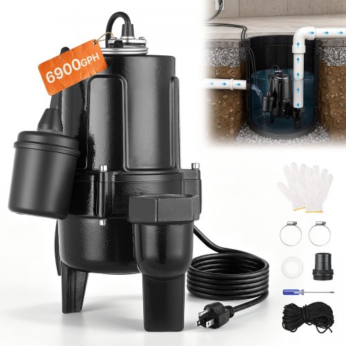 VEVOR Submersible Sump Pump 1/2 HP 6900 GPH Cast Iron Sewage/Effluent Pump, for Basement Septic Tank Residential, Automatic Tethered Float Switch, 2-Inch NPT Discharge, 20 ft Lift, IPX8 Waterproof