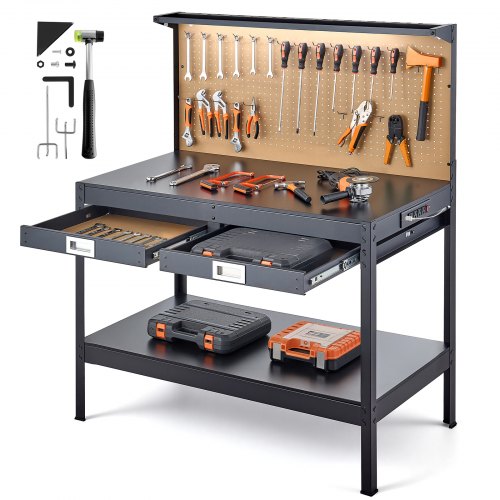 

VEVOR Hardwood Workbench, 242.5 lbs Weight Capacity, 47.2-inch Heavy Duty Workbench with Pegboard, 4 AC Outlets & 2 USB Ports, 4.9 ft Cable & 30 Hooks, Garage Work Bench with Drawer for Workshop