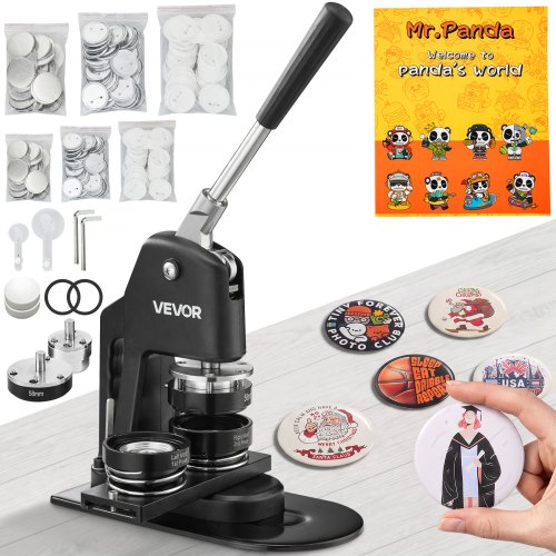 VEVOR Buttonmaschine Knopfmachermaschine 200 Stk. 58 mm & 300 Stk. 32 mm, Badge Punch Press inkl. Mr. Panda Zauberbuch & Sechskantschlüssel, Badge Press Abzeichen Aluminiumlegierung Button Maker