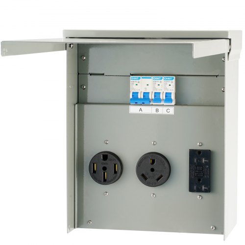 

VEVOR Temporary Power Outlet Panel, 125/250V, RV Power Outlet Box with a 20/30/50 Amp Receptacle Installed, NEMA 14-50R / NEMA TT-30R / 15A GFCI for RV Camper Trailer Motorhome, Tested to UL Standards