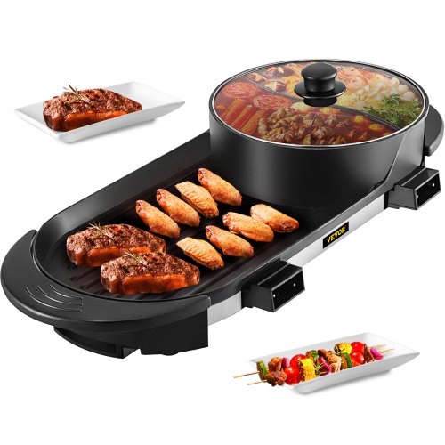 VEVOR 2 in 1 Electric Grill and Hot Pot, 2200W BBQ Pan Grill and Hot Pot, Multifunctional Teppanyaki Grill Pot with Dual Temp Control, 5 Speed for Indoor Korean BBQ, Shabu Shabu Black