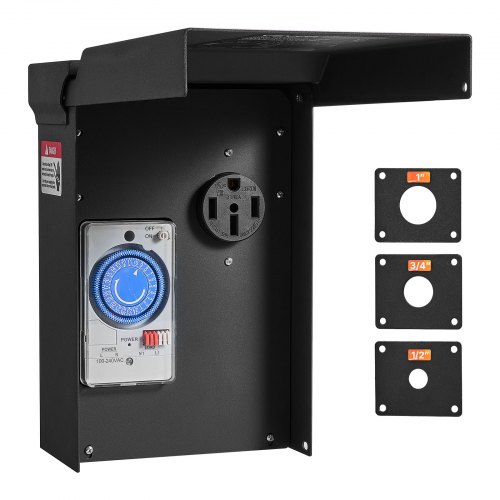 Vevor 50 Amp RV Power Outlet Box with Timer NEMA 14-50R Receptacle 250V, for RV EV Camper Trailer Electric Car, Easy Installation, Lockable Enclosed Outdoor Electrical Panel, NEMA 3R Weatherproof