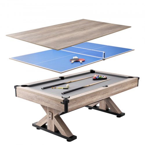 

VEVEO Billiards Table Combo Set, 7ft 3-in-1 Multi Game Table with Dining, Pool, and Tennis Table, Includes Full Set of Accessories, Wood Color with Grey Cloth, Perfect for Family Game Room Kids Adults