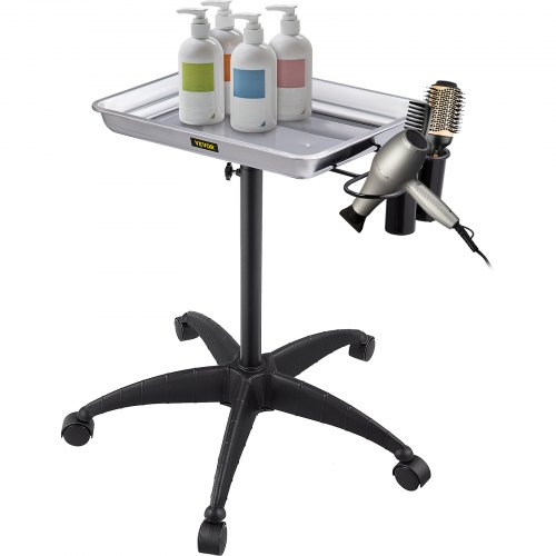 VEVOR Mayo Stand Medical Tray, Height Adjustable Stainless Steel Salon Tray Easy Assemble Tattoo Cart Lab Tray with 2 Cups & 1 Metal Ring for SPA Clinic Personal Care Lab Hospital Dentistry, Silver