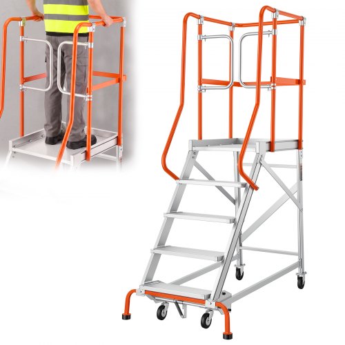 VEVOR 5-Step Rolling Warehouse Ladder Industrial Aluminum Mobile Step Stair, 360° Security Guardrails, Non-Slip Steps & Locking Wheels, 375LBS Capacity Heavy Duty Platform Ladder for Garage Library