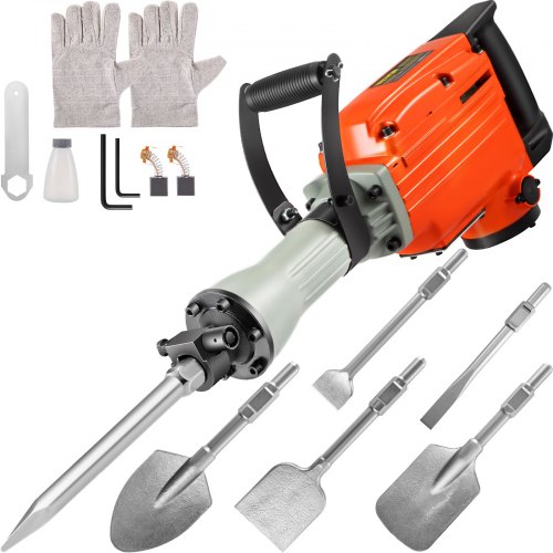 VEVOR Industrial  Electric Demolition Hammer Concrete Breaker 3600W Jack Hammer 1400 BPM Heavy Duty, 4pcs Chisels Bit w/Gloves & 360°Swiveling Front Handle for Trenching, Chipping, Breaking Holes