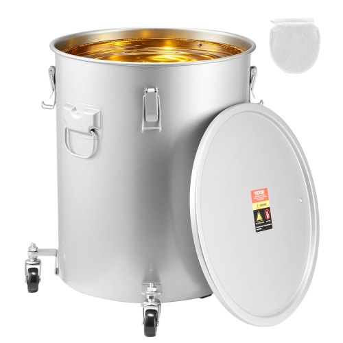 VEVOR Fryer Grease Bucket, 16 Gal Oil Disposal Caddy with Caster Base, Carbon Steel Rust-Proof Coating, Oil Transport Container with Lid, Lock Clips, Filter Bag for Hot Cooking Oil Filtering, Gray