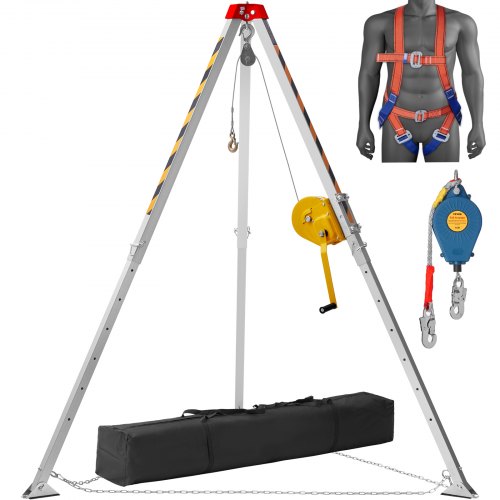 

VEVOR Confined Space Tripod Kit, Confined Space Tripod 7' Legs and 98' Cable, Confined Space Rescue Tripod 32.8' Fall Protection, 1800 lbs Winch, Harness, Storage Bag