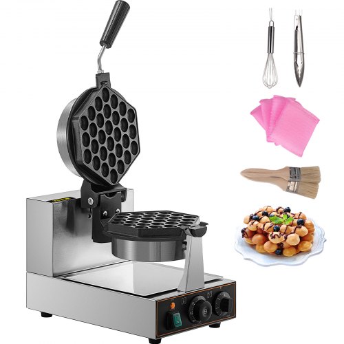 VEVOR Commercial Bubble Waffle Maker, Hexagonal Mould, 1200W Egg Bubble Puff Iron w/ 360°Rotatable 2 Pans & Bent Handles, Stainless Steel Baker w/ Non-Stick Teflon Coating, 50-300℃/122-572℉ Adjustable