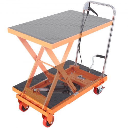 

VEVOR Hydraulic Lift Table Cart, 500lbs Capacity 28.5" Lifting Height, Manual Single Scissor Lift Table with 4 Wheels and Non-slip Pad, Hydraulic Scissor Cart for Material Handling, Orange