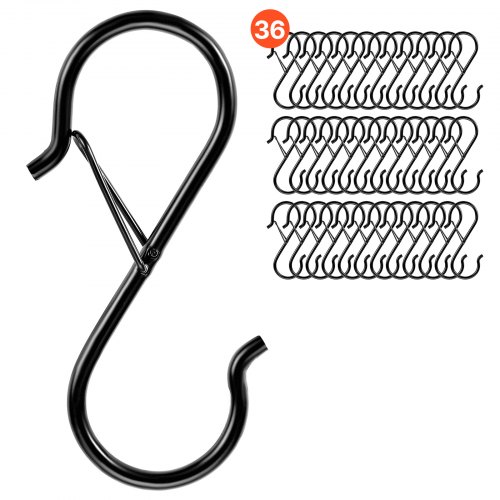 

VEVOR S Hooks 36 Pack, 39.68 LBS Capacity for Bars up to 0.85 Inch, S Shaped Hooks with Safety Buckle, Heavy Duty Metal Hangers for Plants, Jeans, Clothes in Garden, Closet, Kitchen, Bedroom, Black