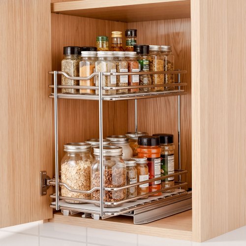Vevor Pull Out Spice Rack Organizer for Cabinet, 2 Tier Slide Out Spice Rack Organizer, Heavy Duty Metal Seasoning Kitchen Basket for Inside Cabinets & Pantry Closet, 4.33"W x 8.46"D x 10.43"H, Silver