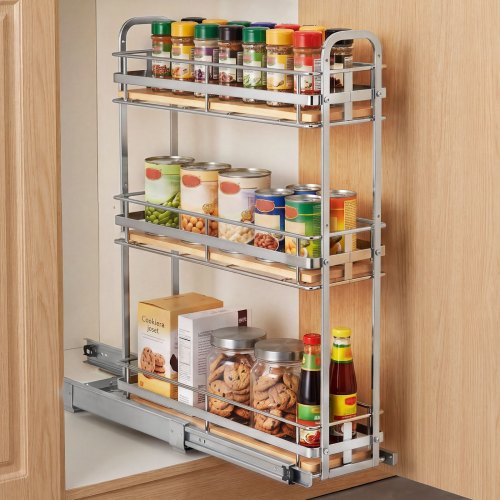 Vevor Pull Out Spice Rack Organizer for Cabinet, 3 Tier Slide Out Spice Rack Organizer, Height Adjustable Heavy Duty Metal Seasoning Kitchen Basket for Cabinets, 5.75"W x 20.98"D x 21.34"H, Silver