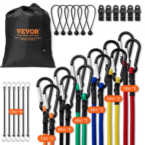 

VEVOR 30 Pcs Bungee Cords Set 8mm Heavy Duty Bungee Straps with Steel Carabiners