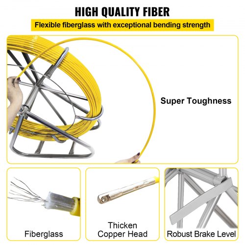 ECO-WORTHY Fish Tape Fiberglass 8MM 328FT Duct Rodder Fish Tape Continuous Fiberglass Wire Cable Running with Cage Wheel Stand Black