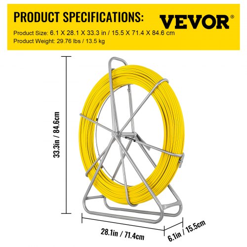 ECO-WORTHY Fish Tape Fiberglass 8MM 328FT Duct Rodder Fish Tape Continuous Fiberglass Wire Cable Running with Cage Wheel Stand Black