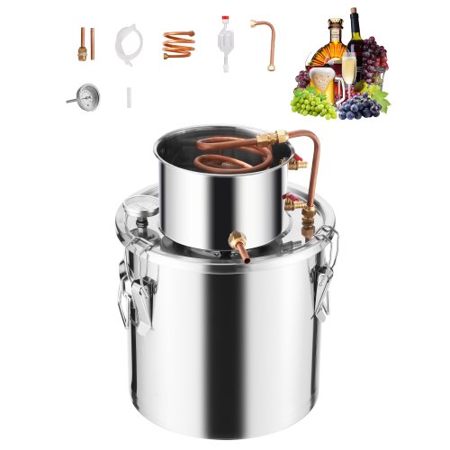 

VEVOR Alcohol Still, 5 Gal / 19 L Stainless Steel Water Alcohol Distiller with Copper Coil, Home Brewing Refining Fermentation Kit with Thermometer, for Wine Whisky Brandy, Silver