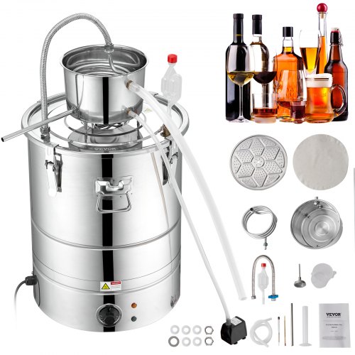 

VEVOR Alcohol Still, 9 Gal 30L Water Alcohol Distiller, Home Distillery Kit include Stainless Steel Tube & Pump & One-way Exhaust Valve & Thermometer (30-120℃ ) for DIY Whisky Wine Brandy, Silver